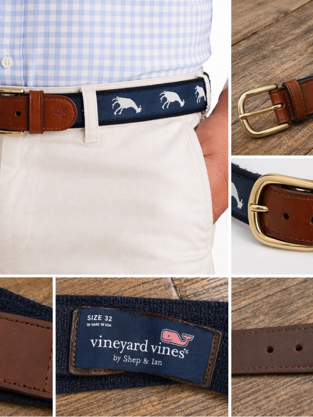 Vineyard Vines Signature Moose Canvas Belt Navy Leather Trim Size 32